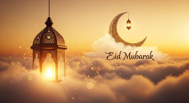 Eid Mubarak scene lantern, moon, clouds, sunset