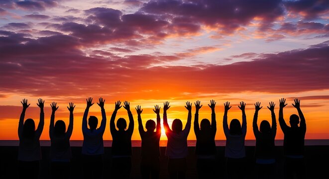 Silhouette of people with raised hands at sunset, diverse group celebrating together at dawn, community and teamwork concept isolated on Transparent Background