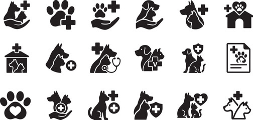 Pets icon set with animal care and vet clinic symbols in clean vector style for pet and veterinary design.