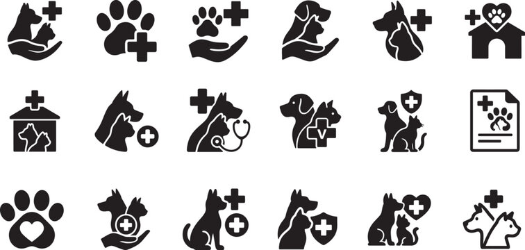 Pets icon set with animal care and vet clinic symbols in clean vector style for pet and veterinary design.