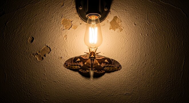 Large moth with attracted mood resting near light bulb against textured wall background