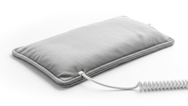 A rectangular gray electric heating pad with a soft fabric cover and a white coiled power cord against a clean white background, providing warmth