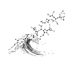 Naklejka premium Illustration of a wave transforming into chemical structures in black and white artistic style