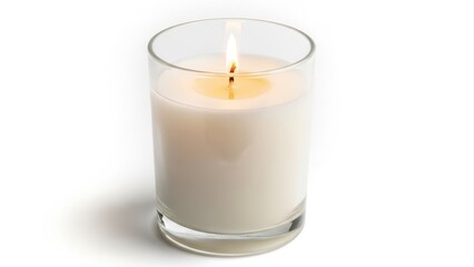 Burning white candle in clear cylindrical glass holder with warm flickering flame and soft light against isolated white studio background