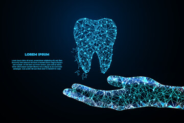 A high‑tech polygonal mesh tooth illustration made of glowing blue nodes and lines on a dark background. © shanto82s