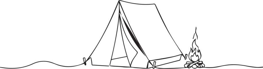 Fototapeta premium Minimalist line drawing of a tent and campfire scene