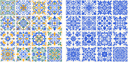 Tile pattern with floral motifs, pastel colors. Mediterranean traditional vintage ceramic majolica. Arabesque ethnic folk ornament. Vector illustration © Pagina