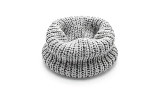 Knitted light gray scarf or snood isolated on a pure white background provides comfortable warmth during cold weather