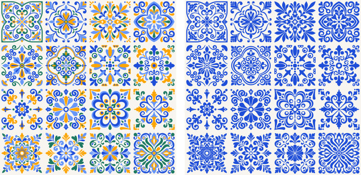 Tile pattern with floral motifs, pastel colors. Mediterranean traditional vintage ceramic majolica. Arabesque ethnic folk ornament. Vector illustration
