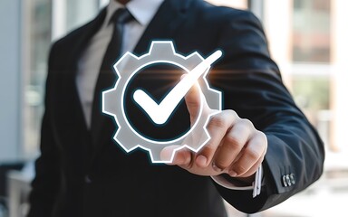 Professional Businessman Selecting Glowing Digital Gear with Checkmark for System Optimization
