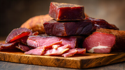 Domowe mięso wędzone pokrojone na desce drewnianej.