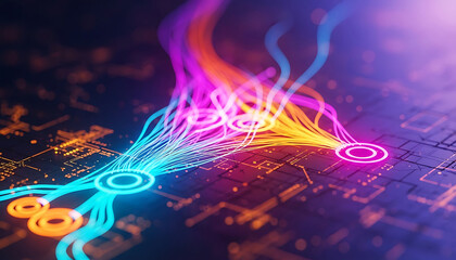 digital network communication streams visualize complex big data processing and artificial intelligence concepts on a futuristic circuit board for technology