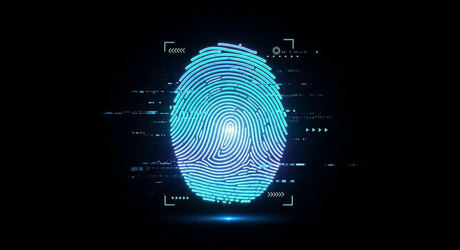 Neon Blue Digital Fingerprint Scanner with Glitch Effect for Biometric Security Concept
Generative AI.