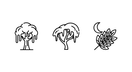 Fototapeta premium Three minimalist line art icons showcasing different stylized trees and a sprig of leaves with a crescent moon, representing nature and growth.