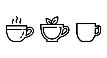 Obraz premium Three minimalist line icons of coffee cups, one with steam, another with mint leaves, and a plain cup, representing beverages and cafe culture.