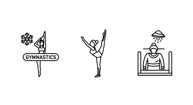 Set of three line art icons illustrating gymnastics poses with a snowflake and a sun symbol, representing athletic flexibility and winter sports.