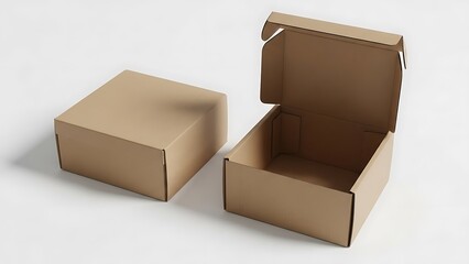 Fototapeta premium Two Brown Cardboard Boxes One Open One Closed on White Background brown box open box closed box packaging