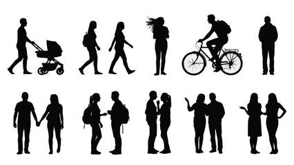 Obraz premium Diverse silhouettes of people engaging in various activities depict a bustling urban environment and lifestyle