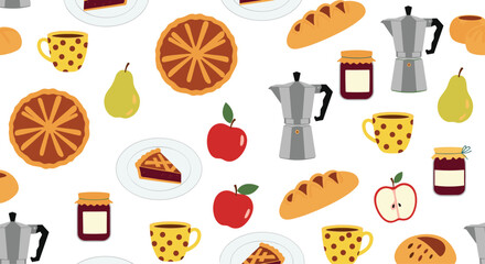 Vibrant seamless pattern with autumn harvest foods including fruit pies, apples, pears, bread, jam jars, and coffee pots.