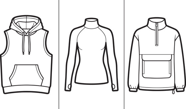Vector set of mens and womens outerwear outlines hoodie vest turtleneck quarter zip