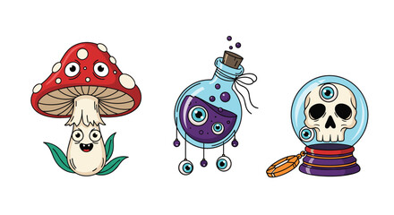 Obraz premium Collection of three spooky Halloween characters including a multi-eyed mushroom, a potion bottle with eyeballs, and a skull in a crystal ball.