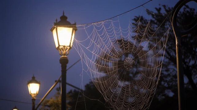 Illuminated Street Lamps at Dusk with Spiderweb Detail.