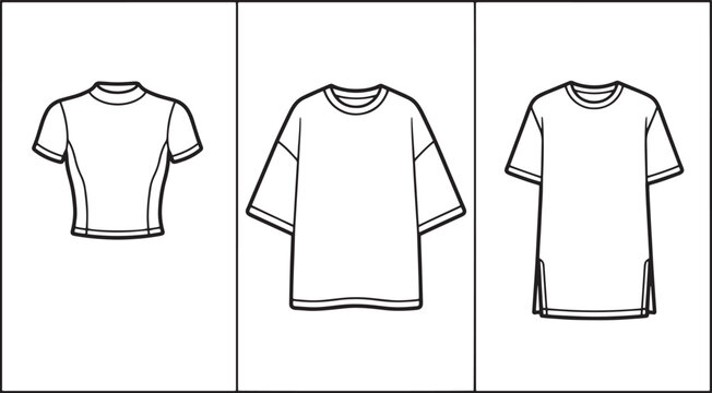 Tshirt variety set with cropped fit oversized and longline silhouette technical sketches