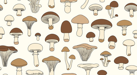 Seamless pattern showcasing a diverse collection of brown and beige mushrooms in various shapes and sizes for a natural woodland aesthetic.