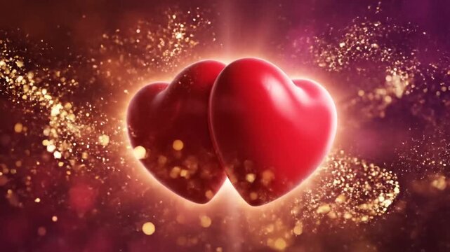 Two Red Hearts Animated With Golden Sparkles And Bokeh Background Romantic Celebration Love Theme