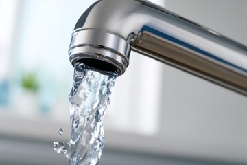Flowing Water from Stainless Steel Tap in Modern Design Kitchen Setting