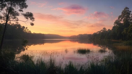 Obraz premium Serene sunrise over a lake