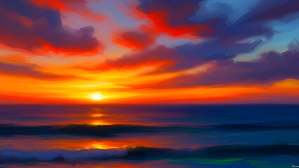Fototapeta premium Vibrant sunset over the ocean with colorful clouds.