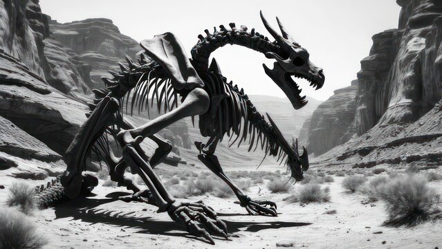 Skeletal dragon in desert canyon