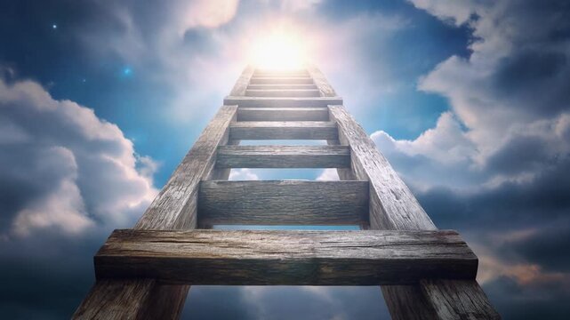 A weathered wooden ladder ascends vertically towards a bright sky filled with dramatic cloud.