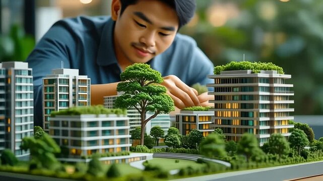 A person adds a miniature tree to a detailed model of a modern city with lush green spaces, .