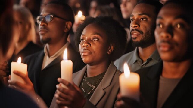 A large crowd of people holding lit candles at a vigil or memorial service. The warm candlel