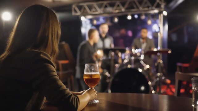 A woman sits alone at a table in a dimly lit bar, enjoying a drink. A band plays in the back.