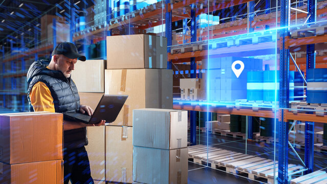 Warehouse logistics, inventory management and digital tracking as a warehouse worker checks shipment data on a laptop among stacked boxes and automated storage systems.
