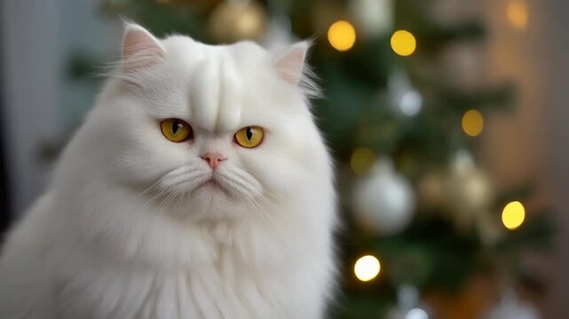 A majestic white Persian cat with striking yellow eyes poses in front of a softly blurred 