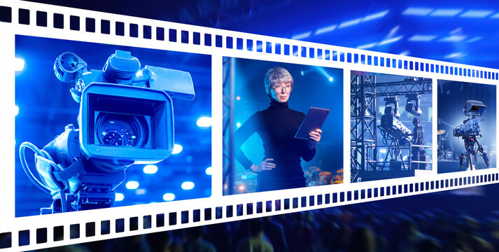 Media production and broadcast technology as professional video cameras, studio equipment and a media manager coordinate filming and live event production.