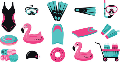 Pink and teal beach accessories and swimwear swimsuit snorkel mask flippers © Riyaj Vector Valley