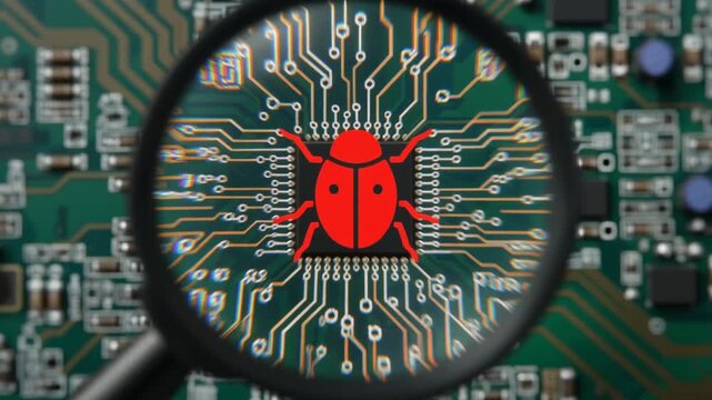 Close-up of a circuit board with a magnifying glass revealing a red bug icon at its center,