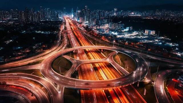 A mesmerizing aerial view captures a vast highway interchange at night, with streaks of ligh.