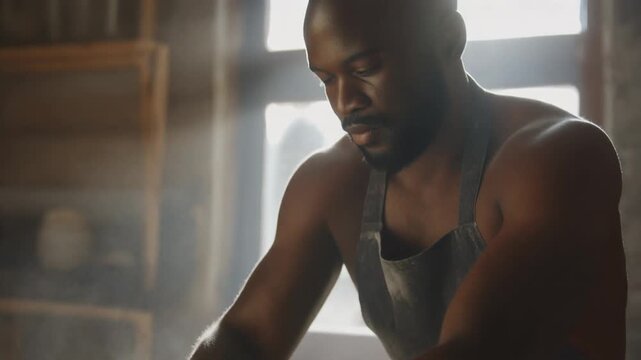 A baker's hands knead dough, dusted with flour, illuminated by dramatic sunbeams streaming 