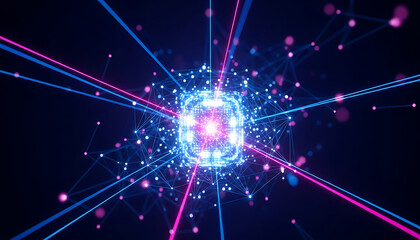 glowing cpu core in a complex digital network for artificial intelligence machine learning and advanced data processing concepts.