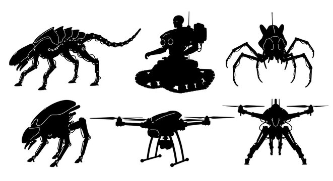 Set of black silhouettes of science fiction aliens robots and drones.