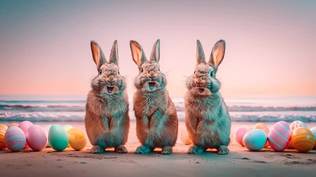 Easter bunnies dancing on a tropical beach, surrounded by colorful Easter eggs, creating a joyful holiday scene with exotic island vibes, gentle ocean waves, and a dreamy paradise getaway