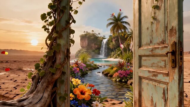 An old weathered door opens to reveal a vibrant tropical paradise with a waterfall, lush flowers, and palm trees, contrasting with a dry desert sunset.