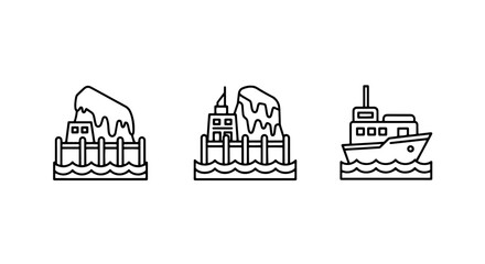 Fototapeta premium Coastal town icons: buildings and docks being hit by waves, boat in the sea, representing storm, flood, and maritime disaster.