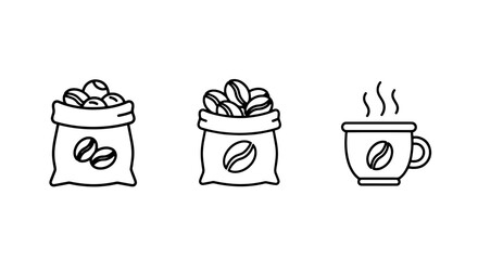 Fototapeta premium Minimalist Coffee Icons Set with Steaming Hot Beverage in a Mug and Bags of Fresh Roasted Beans, Perfect for Cafe Menus and Drink Concepts